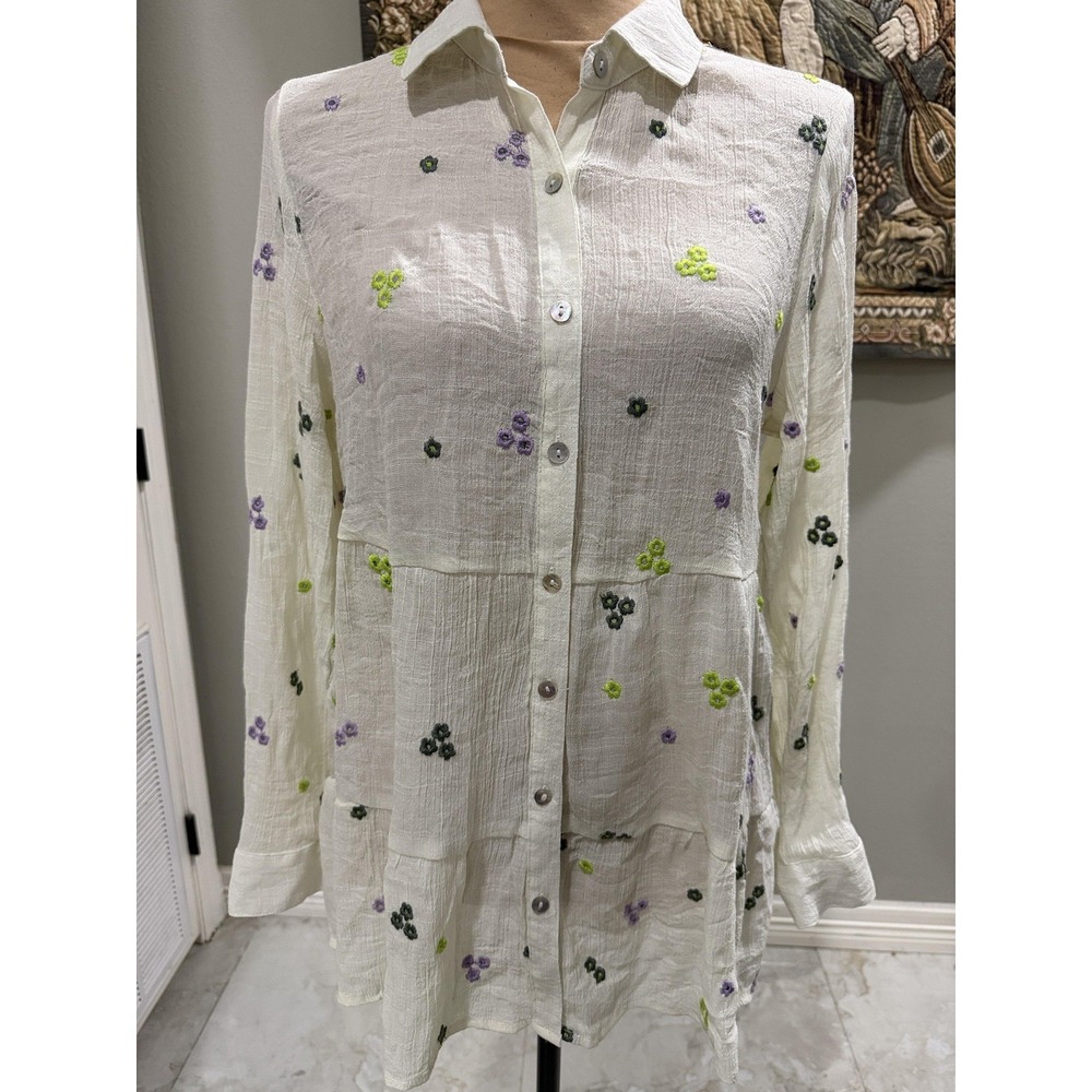 Figueroa & Flower Shirt Womens Medium White Embroidered Floral Tunic Top